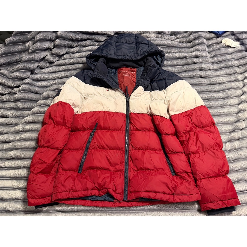Tommy Hilfiger Mens Colorblock Puffer Jacket Red White Navy Blue Hooded Coat